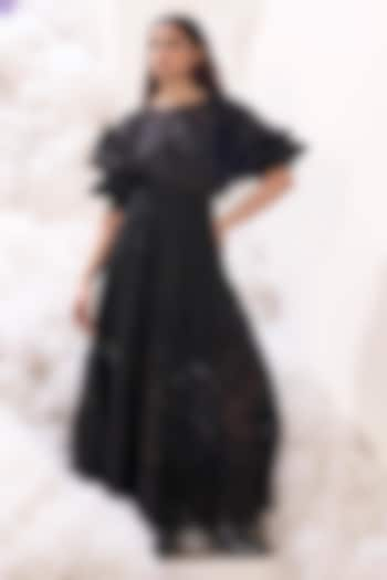 Black Organza 3D Applique Embroidered Maxi Dress by Sahil Kochar at Pernia's Pop Up Shop