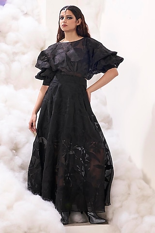 Black Organza 3D Applique Embroidered Maxi Dress by Sahil Kochhar