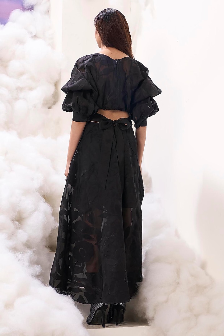 Black Organza 3D Applique Embroidered Maxi Party Wear Dress by Sahil Kochhar at Pernia's Pop Up Shop