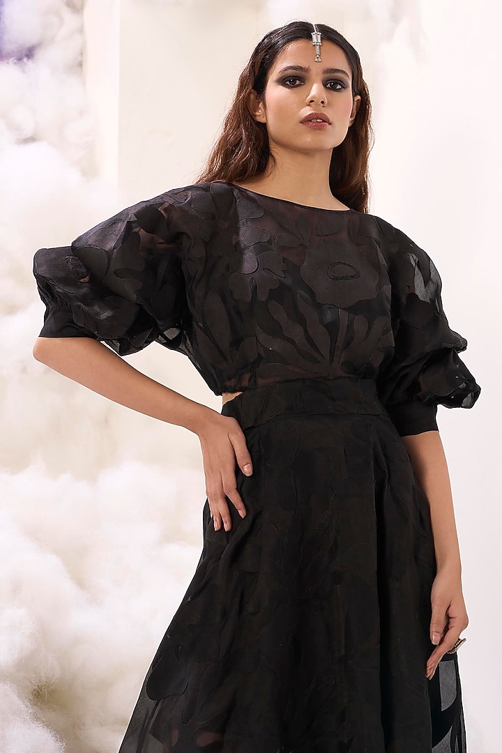 Black Organza 3D Applique Embroidered Maxi Party Wear Dress by Sahil Kochhar at Pernia's Pop Up Shop