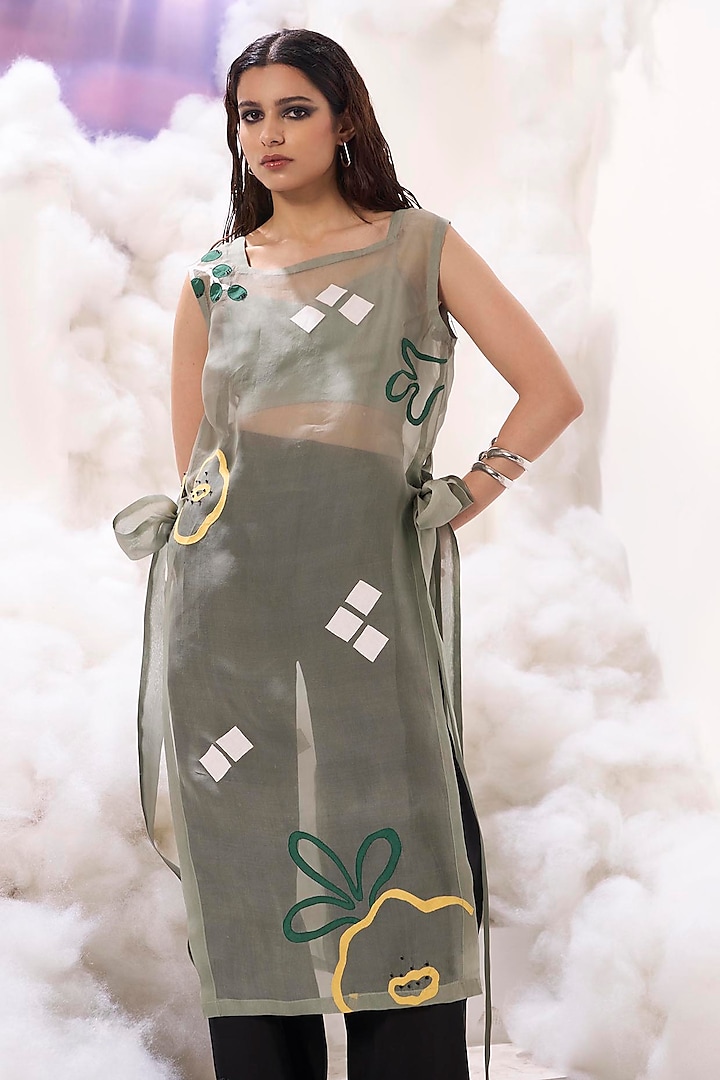 Sap Green Organza Applique Embroidered Top by Sahil Kochar at Pernia's Pop Up Shop