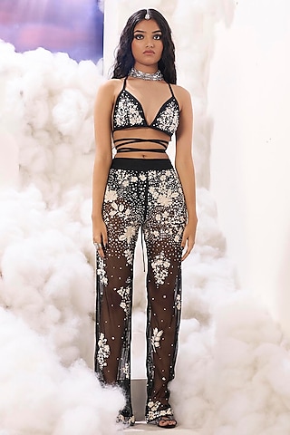 Black Cotton Satin 3D Applique Embroidered Bralette by Sahil Kochhar