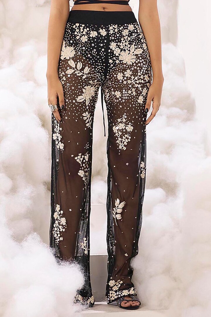Black Cotton Satin 3D Applique Embroidered Bralette by Sahil Kochhar at Pernia's Pop Up Shop