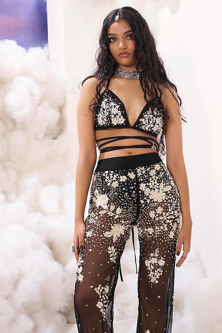 Black Cotton Satin 3D Applique Embroidered Bralette by Sahil Kochhar at Pernia's Pop Up Shop