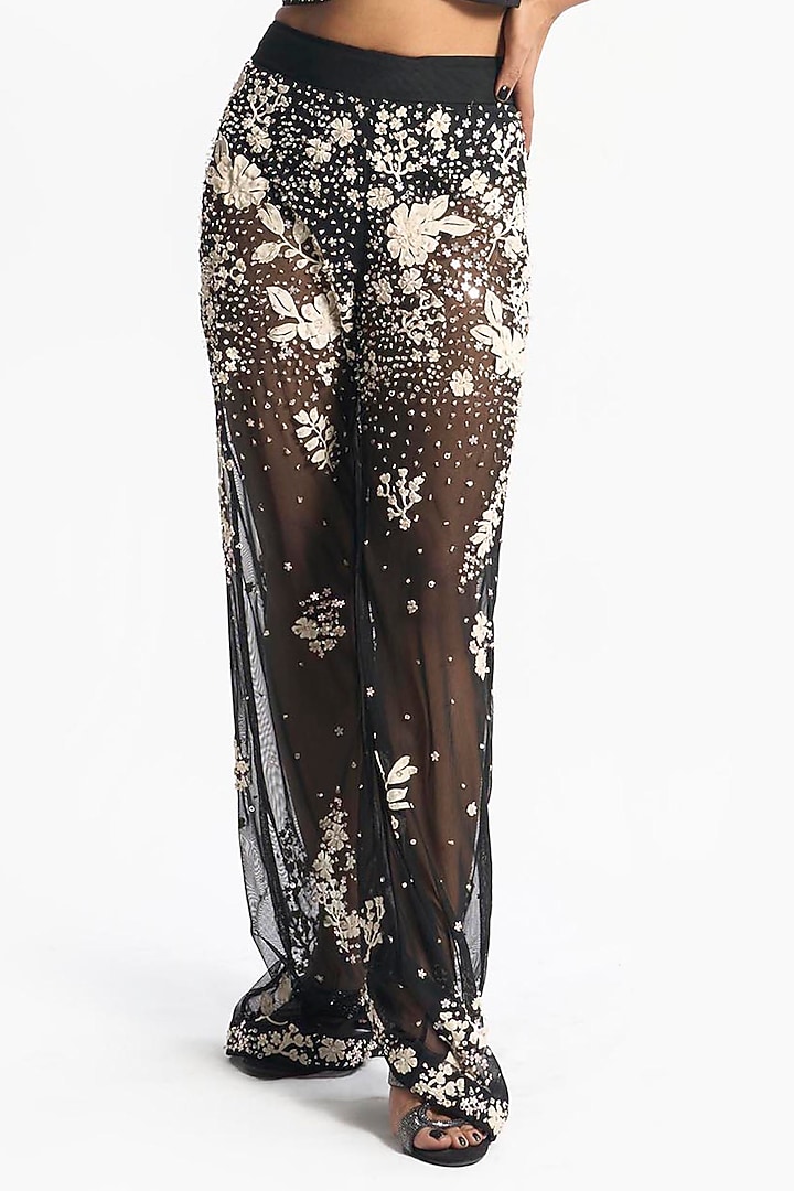 Black Cotton Satin 3D Hand Embroidered Halter Blouse by Sahil Kochhar at Pernia's Pop Up Shop