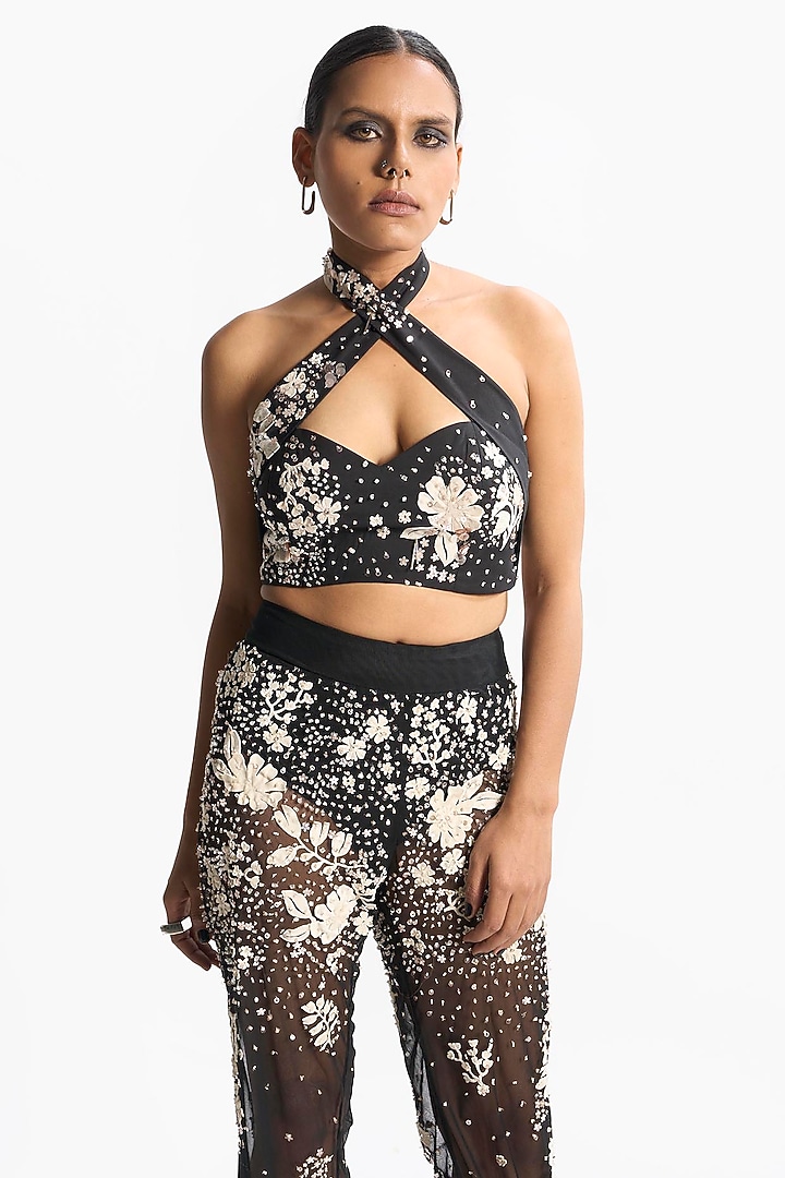 Black Cotton Satin 3D Hand Embroidered Halter Blouse by Sahil Kochhar at Pernia's Pop Up Shop