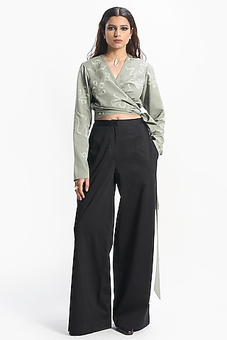 Sap Green Linen Embroidered Wrap Top by Sahil Kochhar