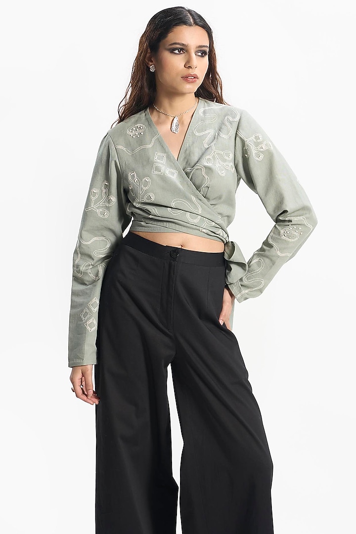 Sap Green Linen Embroidered Wrap Top by Sahil Kochhar at Pernia's Pop Up Shop