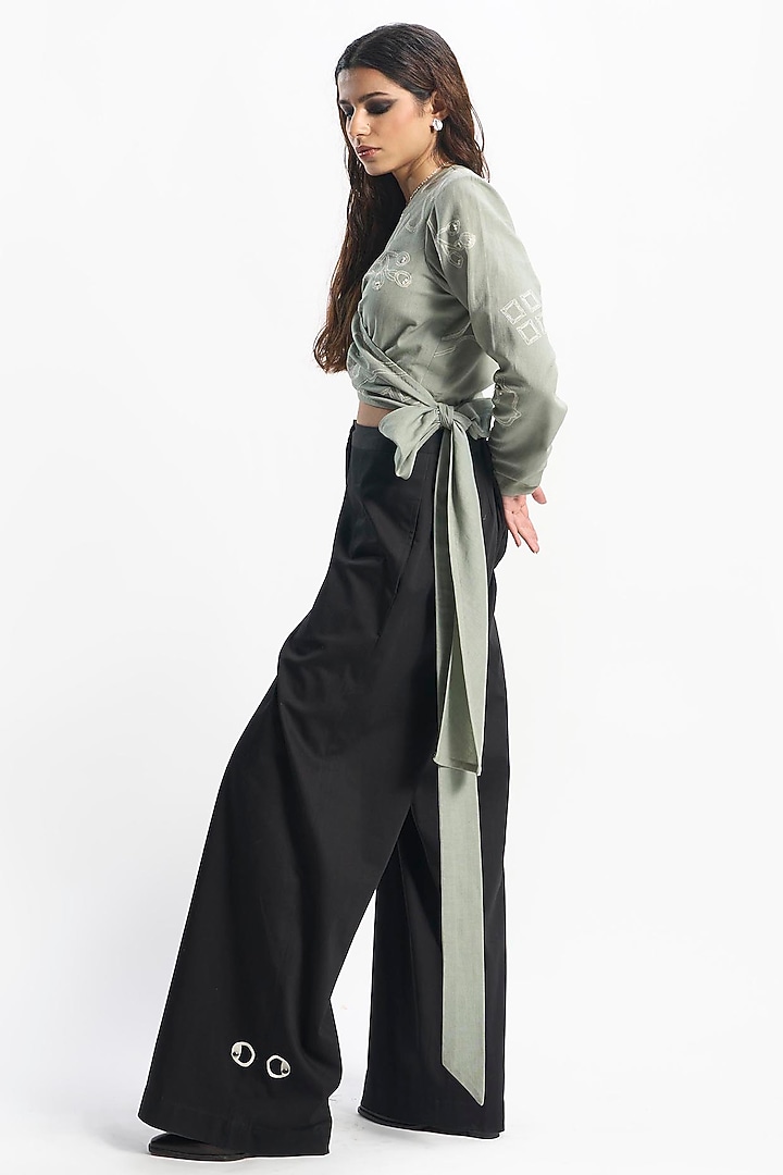 Sap Green Linen Embroidered Wrap Top by Sahil Kochhar at Pernia's Pop Up Shop