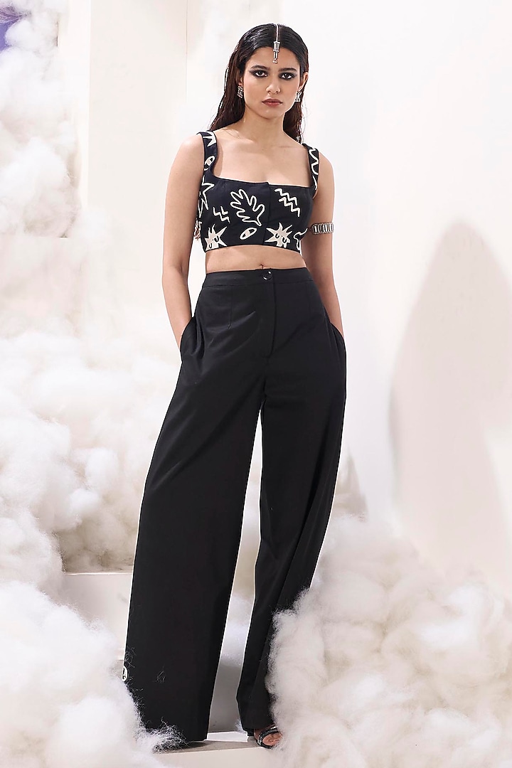 Black Cotton Satin Applique Embroidered Blouse by Sahil Kochhar at Pernia's Pop Up Shop