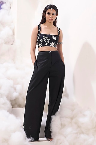 Black Cotton Satin Applique Embroidered Blouse by Sahil Kochhar