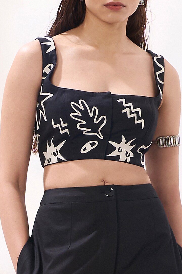 Black Cotton Satin Applique Embroidered Blouse by Sahil Kochhar at Pernia's Pop Up Shop
