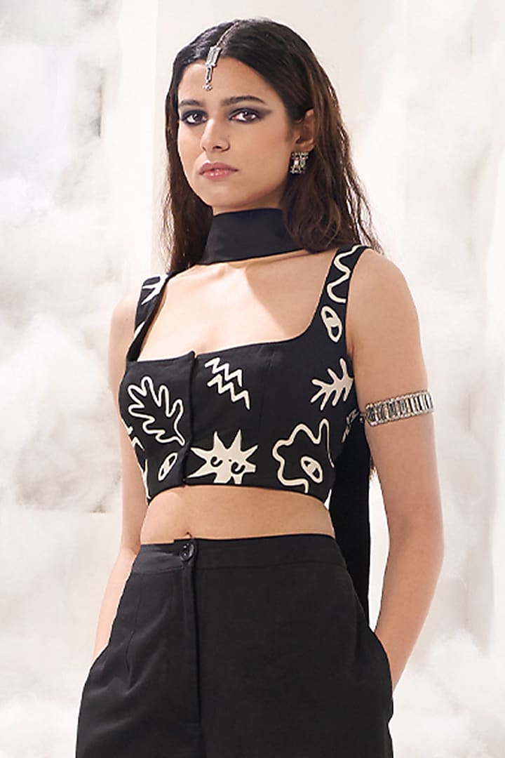 Black Cotton Satin Applique Embroidered Blouse by Sahil Kochhar at Pernia's Pop Up Shop