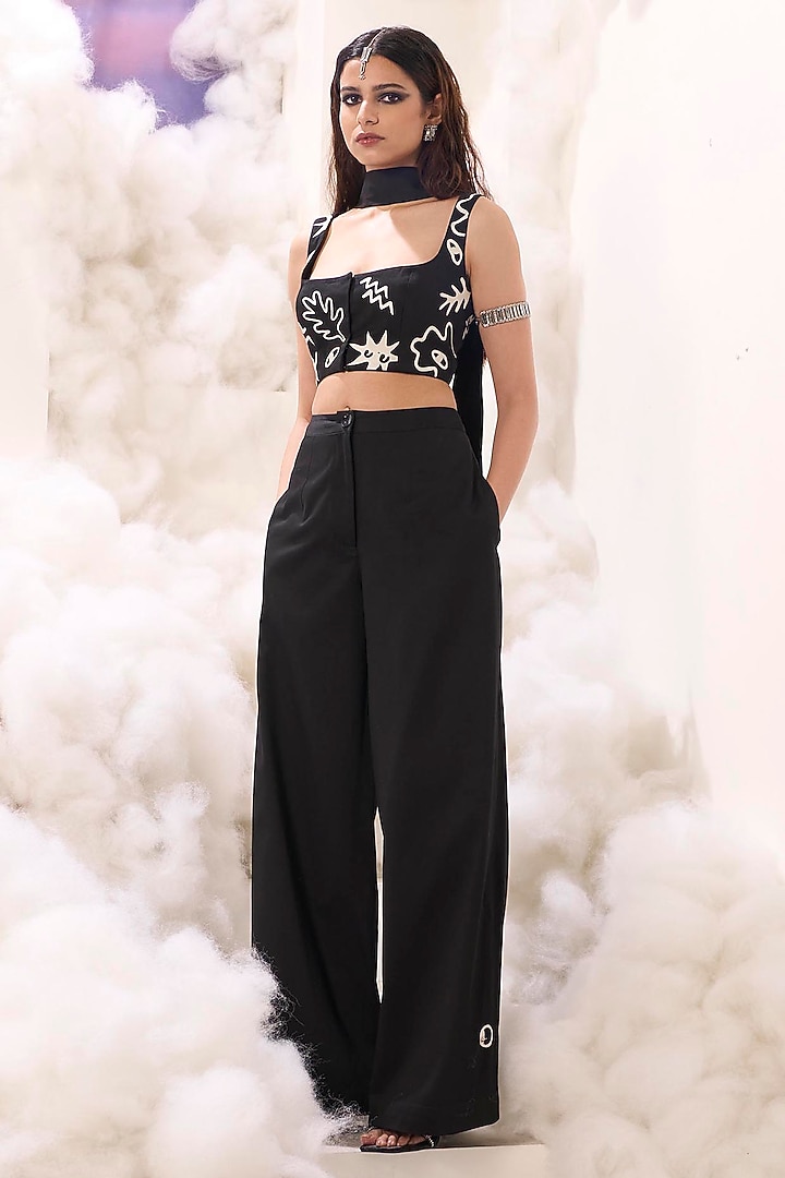 Black Cotton Satin Applique Embroidered Blouse by Sahil Kochhar at Pernia's Pop Up Shop