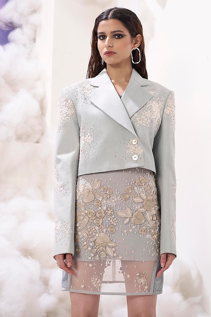 Powder Blue Suiting Applique Embroidered Cropped Jacket by Sahil Kochhar at Pernia's Pop Up Shop