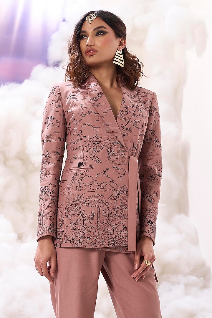 Pink Suiting Thread Embroidered Jacket by Sahil Kochhar at Pernia's Pop Up Shop