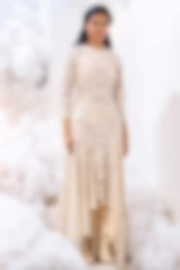 Ivory Soft Net Applique Embroidered Dress by Sahil Kochhar at Pernia's Pop Up Shop