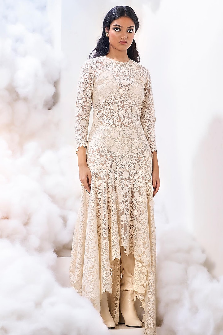 Ivory Soft Net Applique Embroidered Dress by Sahil Kochhar at Pernia's Pop Up Shop