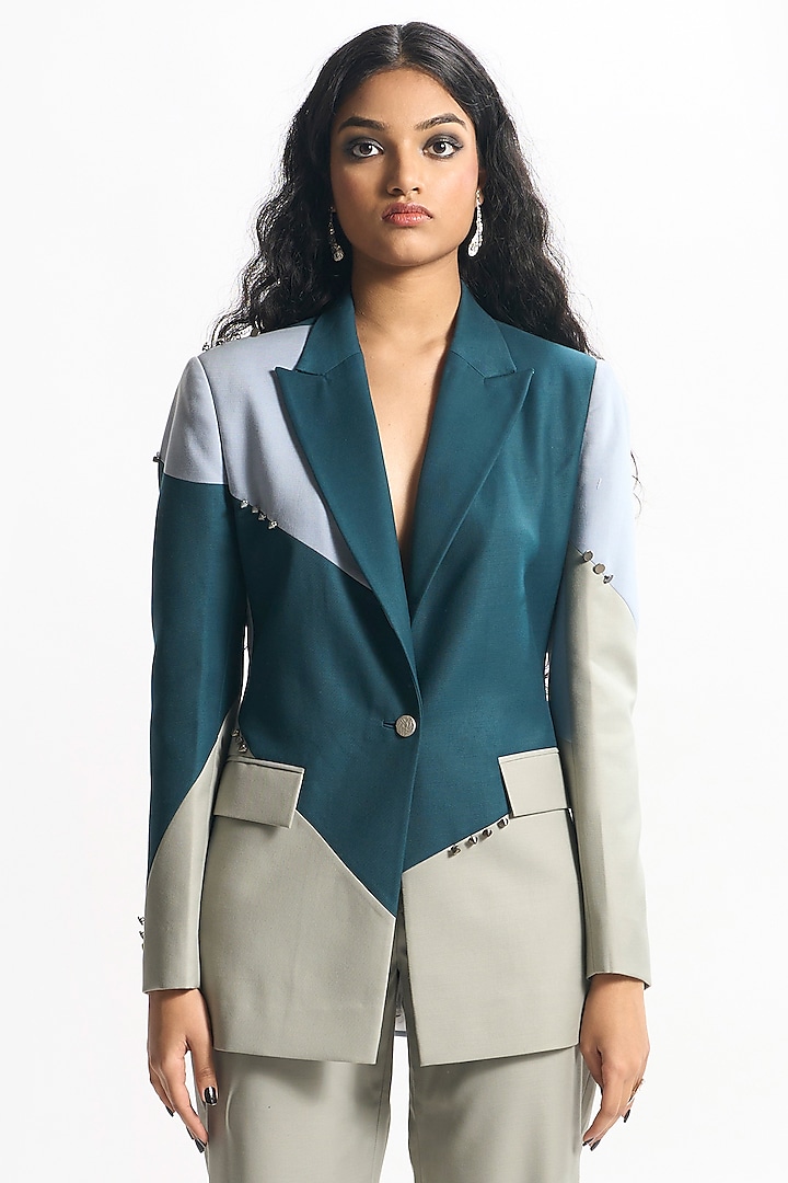 Teal Green Suiting Color-Block Jacket by Sahil Kochhar