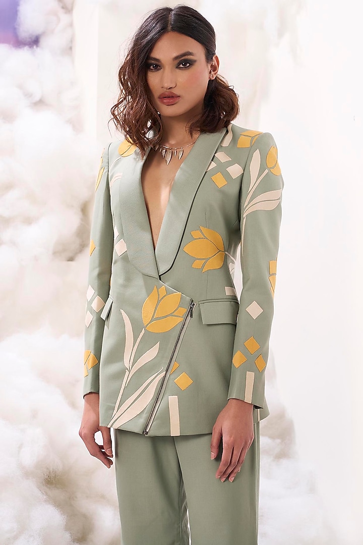 Teal Green Suiting Applique Embroidered Jacket by Sahil Kochhar at Pernia's Pop Up Shop