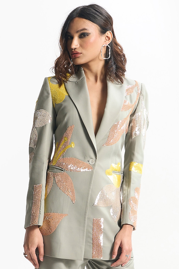 Green Suiting Applique Hand Embroidered Jacket by Sahil Kochhar at Pernia's Pop Up Shop