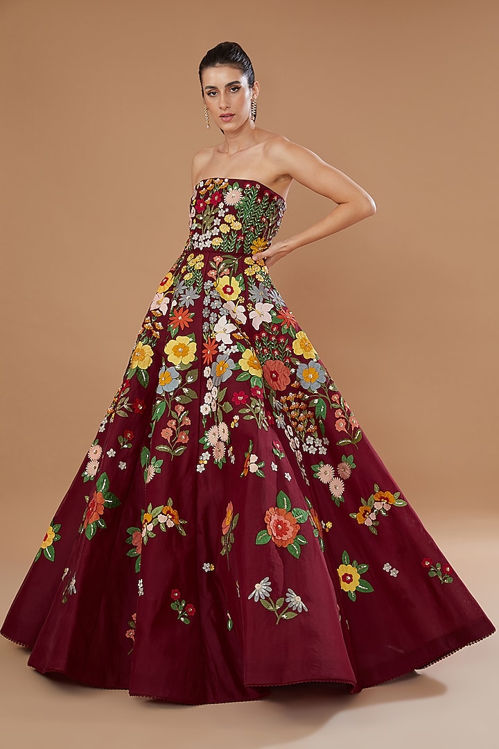 Wine Organza Embroidered Gown by Sahil Kochar