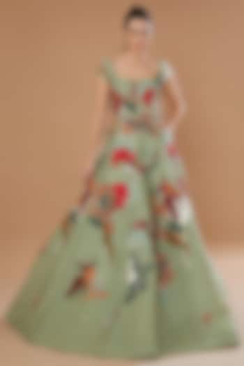 Green Organza Embroidered Gown by Sahil Kochar