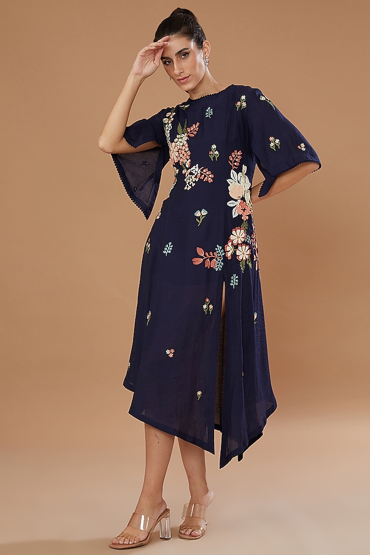 Blue Chanderi Embroidered Tunic by Sahil Kochhar at Pernia's Pop Up Shop