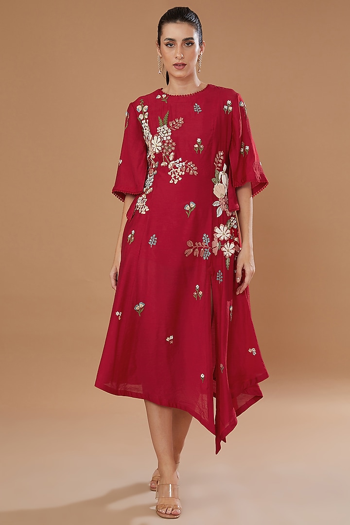 Red Chanderi Embroidered Tunic by Sahil Kochar