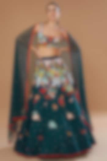 Teal Organza Embroidered Wedding Lehenga Set by Sahil Kochhar at Pernia's Pop Up Shop