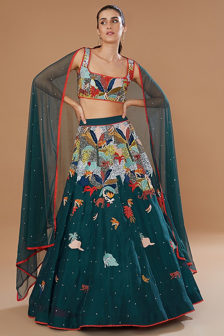 Teal Organza Embroidered Wedding Lehenga Set by Sahil Kochhar at Pernia's Pop Up Shop