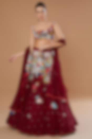 Red Organza Embroidered Wedding Lehenga Set by Sahil Kochhar at Pernia's Pop Up Shop