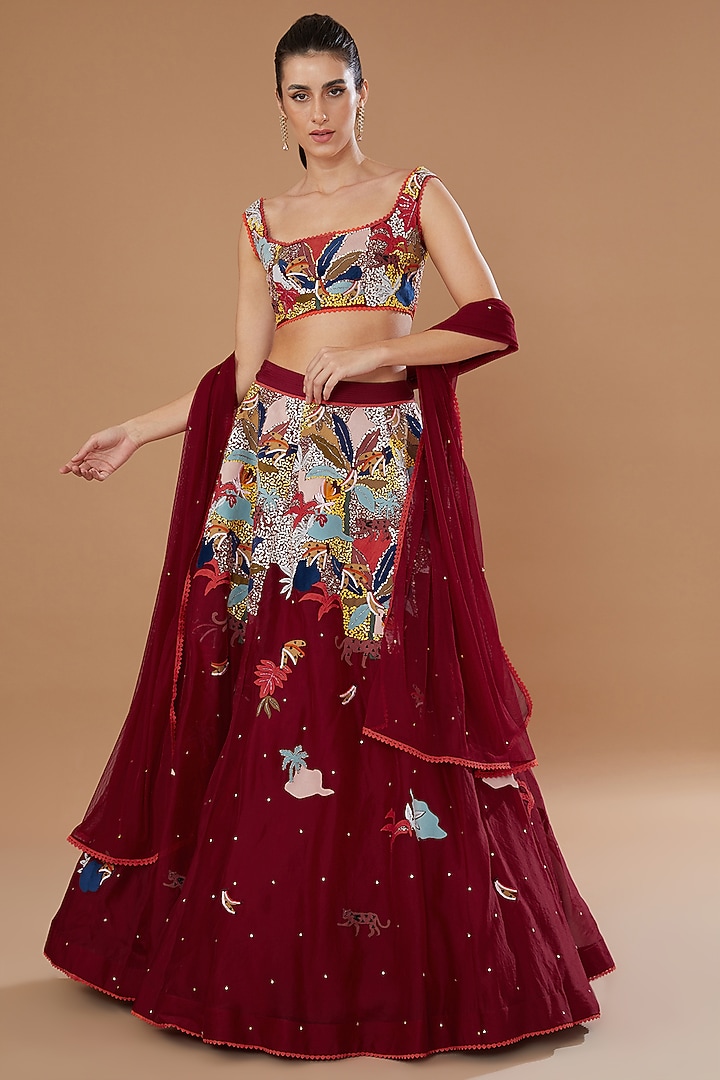 Red Organza Embroidered Wedding Lehenga Set by Sahil Kochhar at Pernia's Pop Up Shop