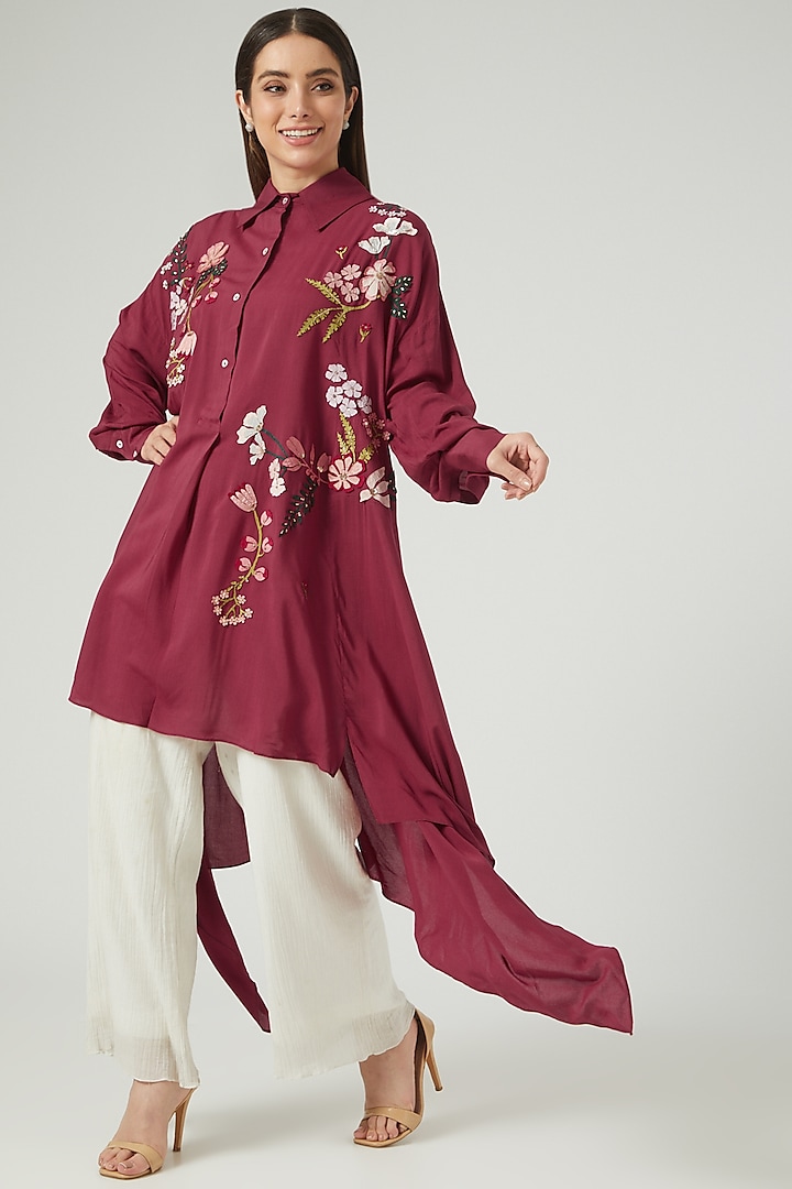 Red Cotton Embroidered Shirt by Sahil Kochar