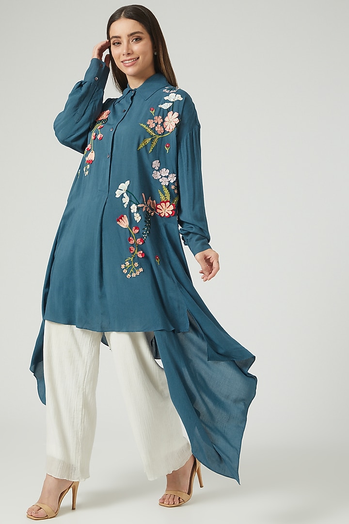 Teal Blue Cotton Embroidered Shirt by Sahil Kochhar at Pernia's Pop Up Shop