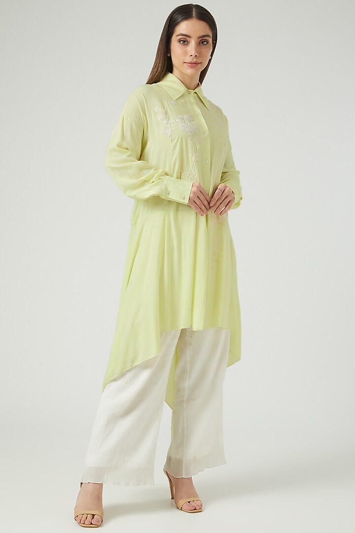 Lime Cotton Silk Embroidered Shirt by Sahil Kochar