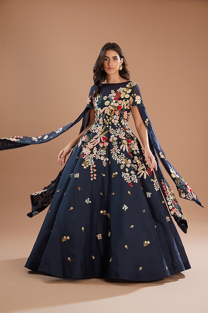 Blue Organza Floral Motif Embroidered Gown by Sahil Kochhar