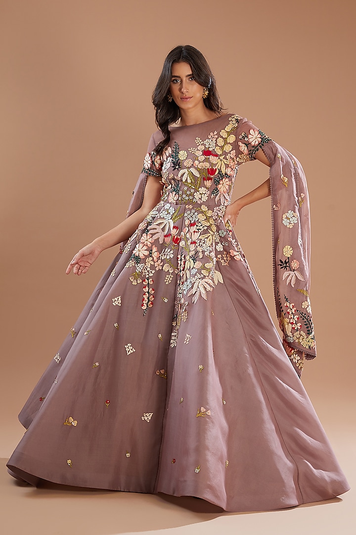 Pink Organza Floral Motif Embroidered Gown by Sahil Kochhar