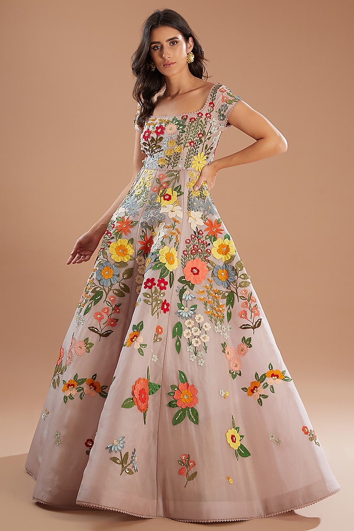 Ash Lilac Organza Floral Motif Embroidered Gown by Sahil Kochhar