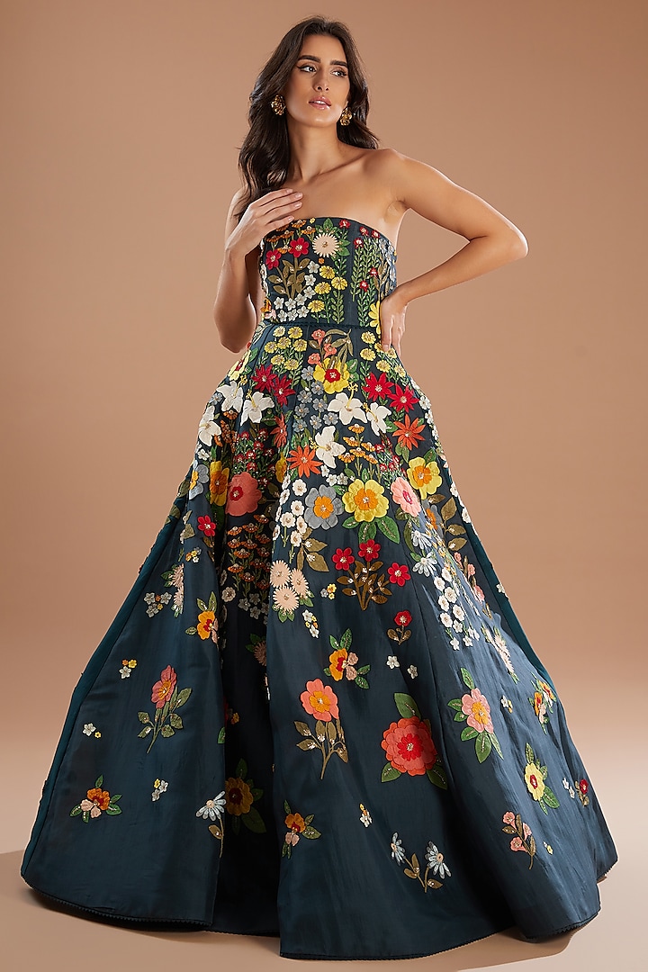 Navy Blue Organza Floral Motif Embroidered Gown by Sahil Kochhar