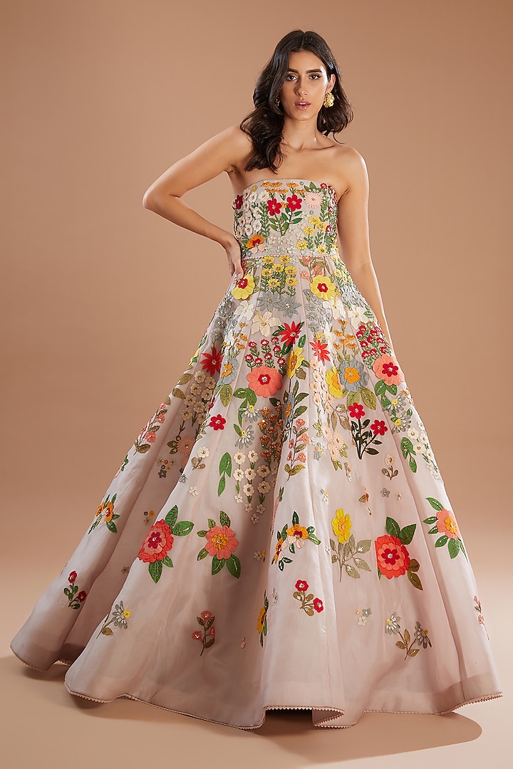 Ash Lilac Organza Floral Motif Embroidered Gown by Sahil Kochhar