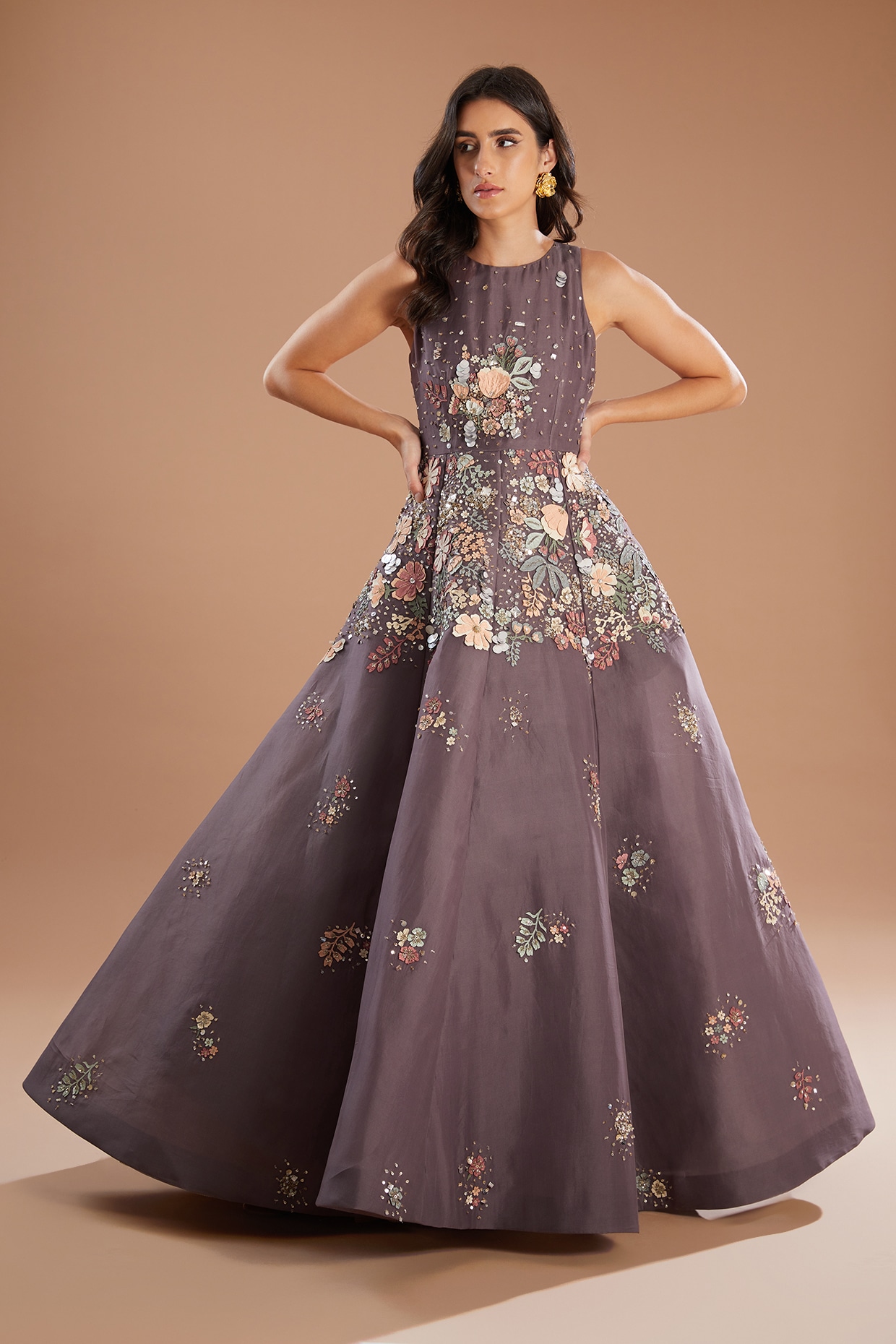 Dark Brown Gown dress | Designer gowns, Party wear gown, Printed gowns