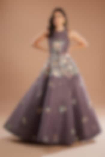 Purple Organza Floral Motif Embroidered Gown by Sahil Kochhar