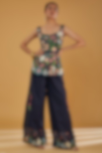 Blue Viscose & Linen Applique Work Co-Ord Set by Sahil Kochhar at Pernia's Pop Up Shop