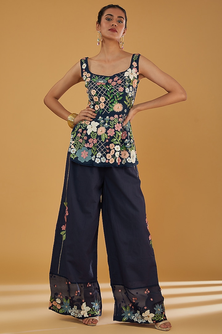 Blue Viscose & Linen Applique Work Co-Ord Set by Sahil Kochhar at Pernia's Pop Up Shop