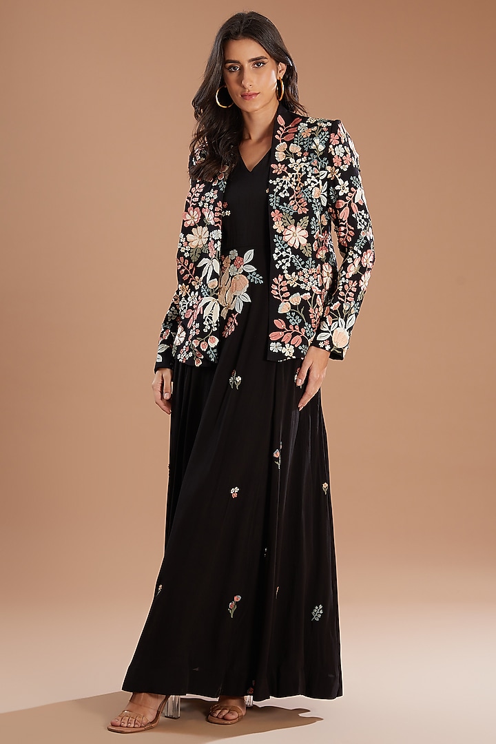 Black Organza Applique Embroidered Jacket Dress by Sahil Kochhar at Pernia's Pop Up Shop