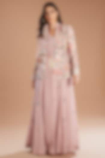 Pink Organza Applique Embroidered Jacket Party Wear Dress by Sahil Kochhar at Pernia's Pop Up Shop