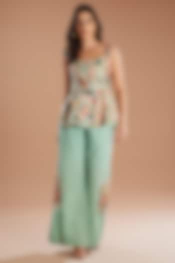 Green Organza & Linen Applique Embroidered Co-Ord Set by Sahil Kochhar at Pernia's Pop Up Shop