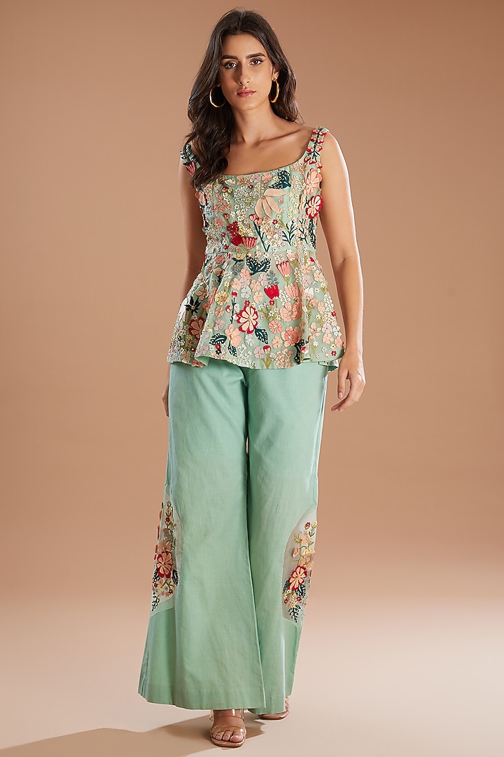 Green Organza & Linen Applique Embroidered Co-Ord Set by Sahil Kochhar at Pernia's Pop Up Shop