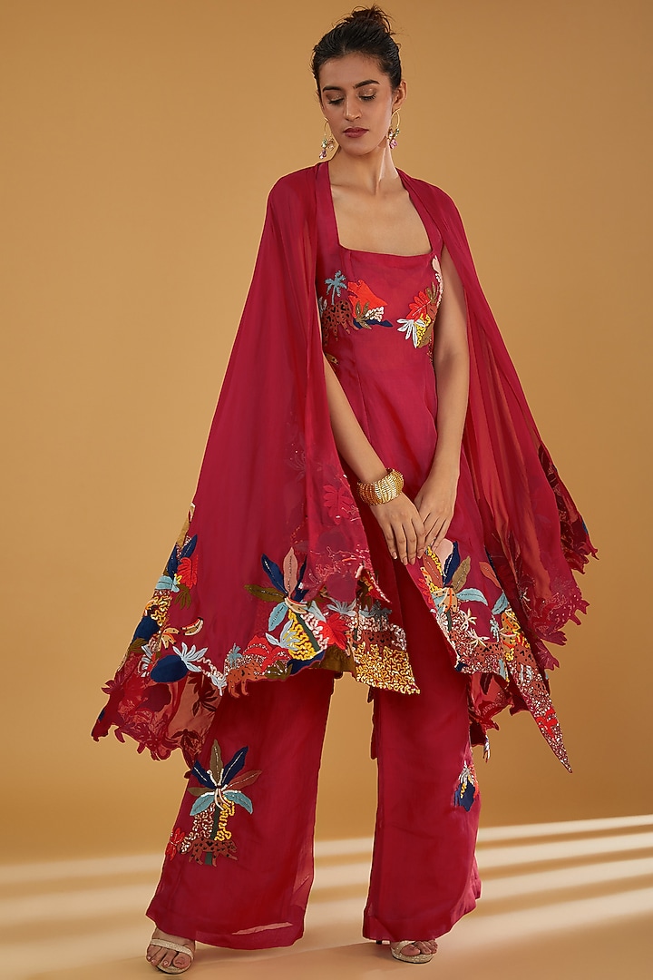 Red Organza & Viscose Georgette Applique Work Co-Ord Set by Sahil Kochhar at Pernia's Pop Up Shop